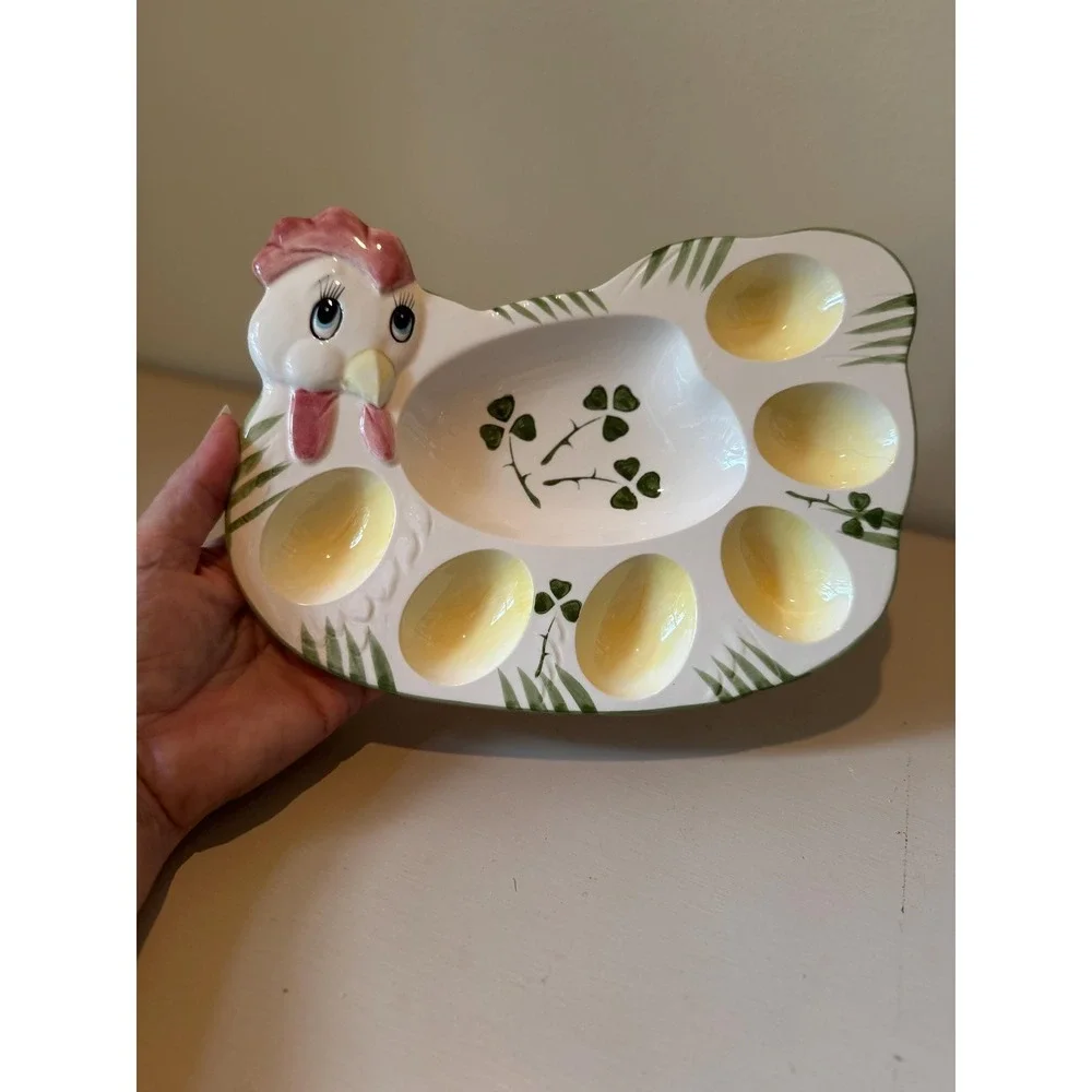 Vintage Chicken Deviled Egg Plate Shamrocks | Egg Platter | Retro St. Patrick's